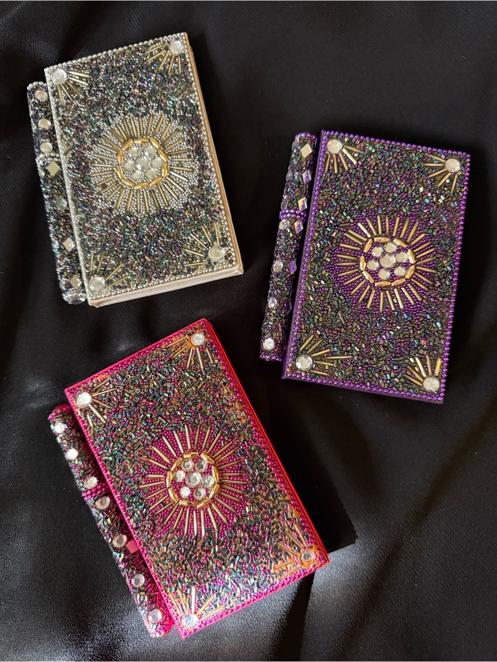 3 Pc Set Hand Beaded Mini Journals with Matching Pens - Sparkle / Rhinestone